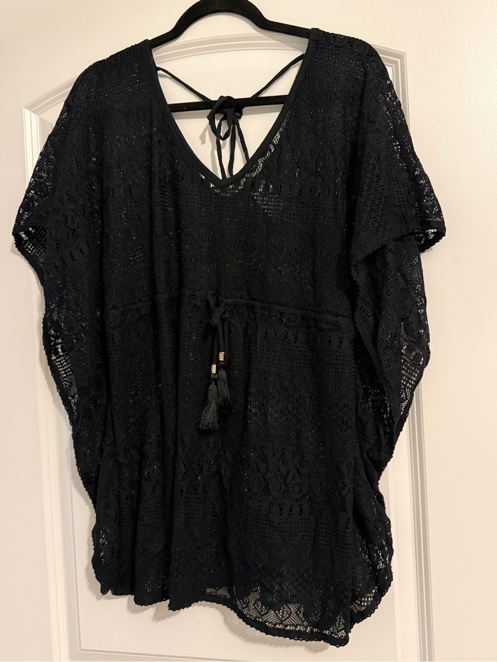 Time and Tru Black Crochet Swim Cover-Up with Tassel Tie